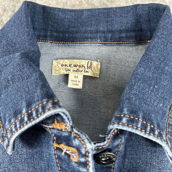One World Jacket Womens Size M Blue Cotton Denim Jean Button‎ Front - Picture 2 of 10